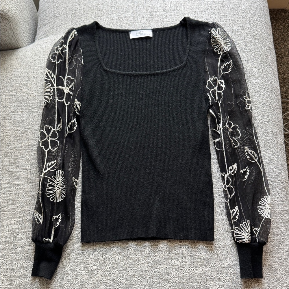 Mod on Trend Black Top with Sheer Floral Applique Sleeves
